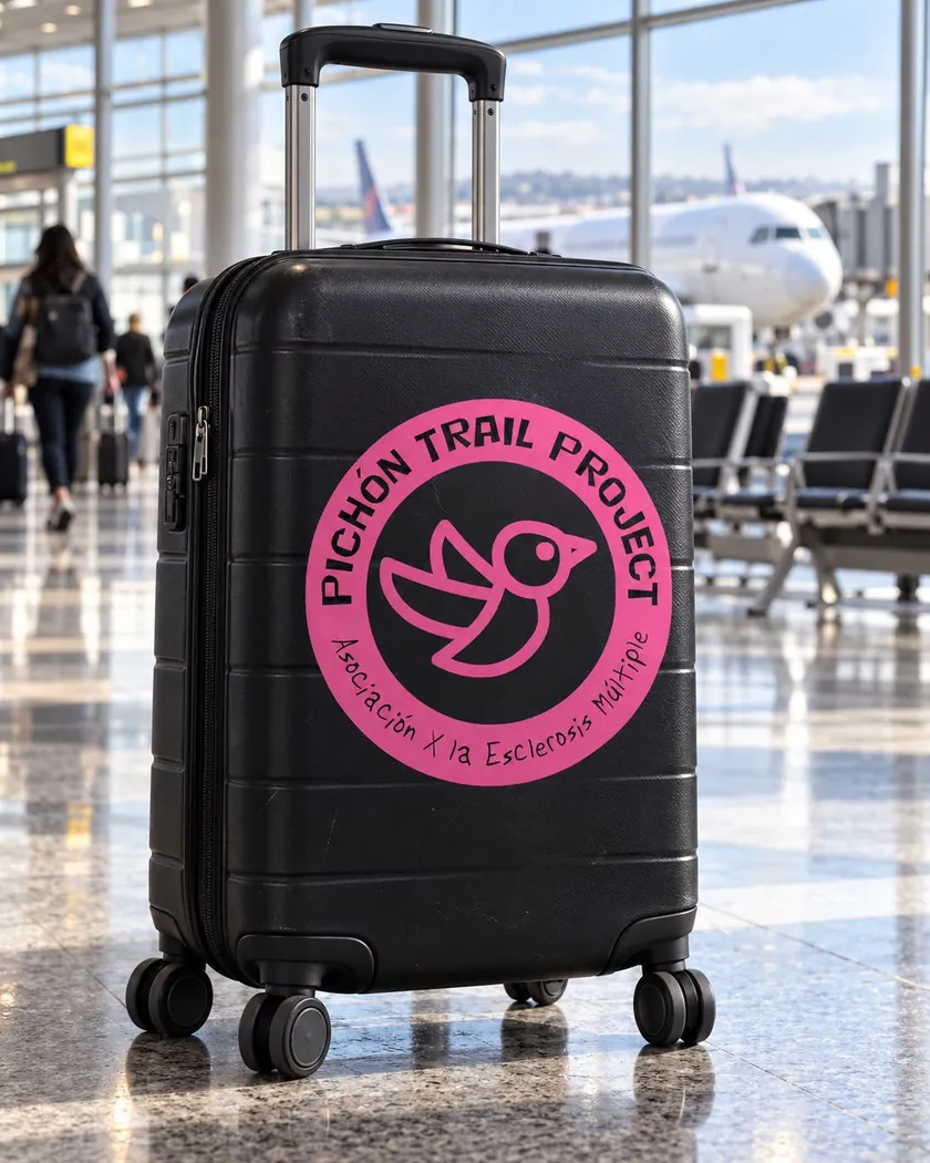 Maleta de viaje con el emblema de Pichón Trail Project en un aeropuerto
