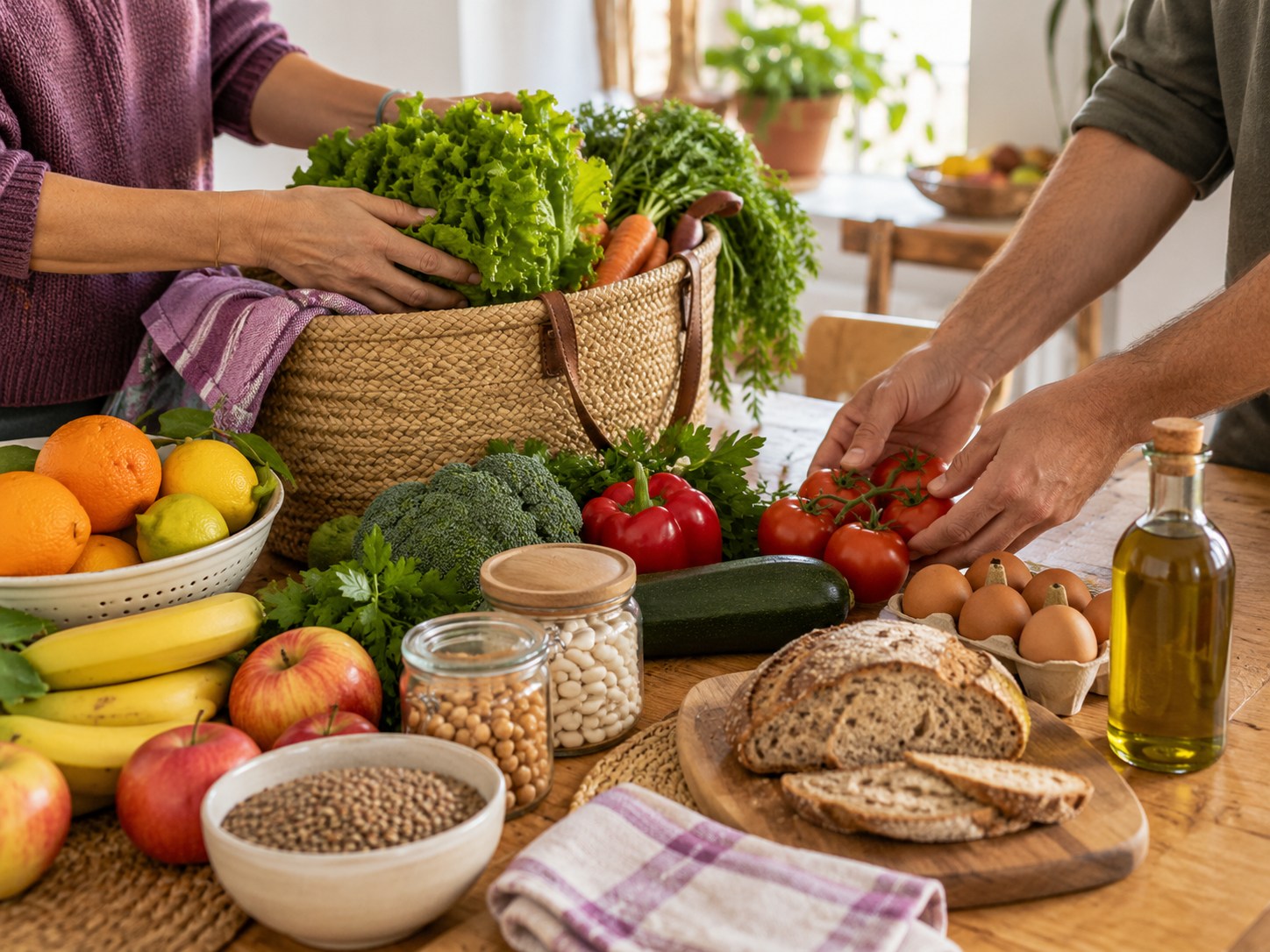 Dos personas organizando juntas una cesta de alimentos frescos y saludables